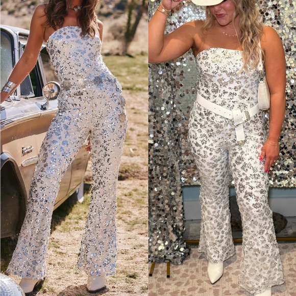 12th Tribe Pants - 12th Tribe Tess White Sequin Jumpsuit